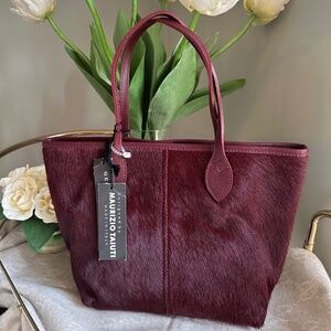 Maurizio Taiuti Burgundy Leather Cowhide Tote Bag NWT